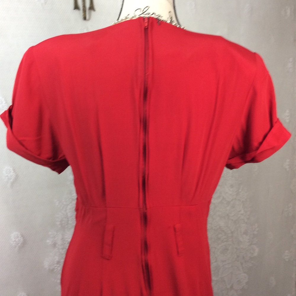 Vintage Red Mock Paper-bag Midi Sheath Dress 12 - Picture 6 of 13